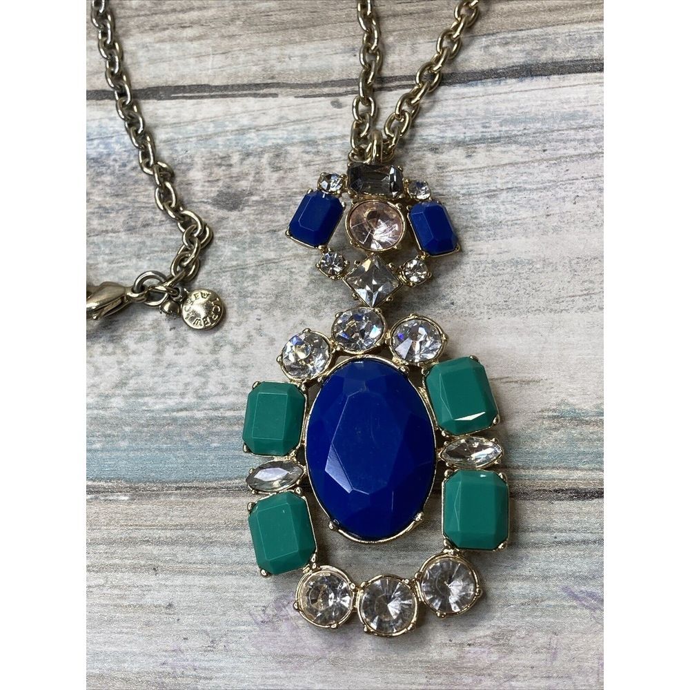 J.Crew‎ jcrew Necklace Blue Cluster Pendant 32" Gold Tone Chain NWOT
